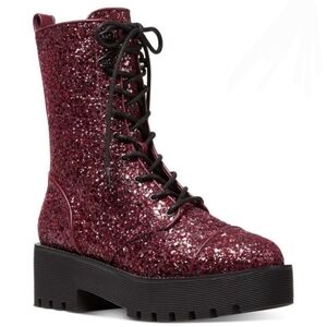 MICHAEL Michael Kors Bryce Lug Sole Combat Boots In Dark Berry Glitter Size 6.5